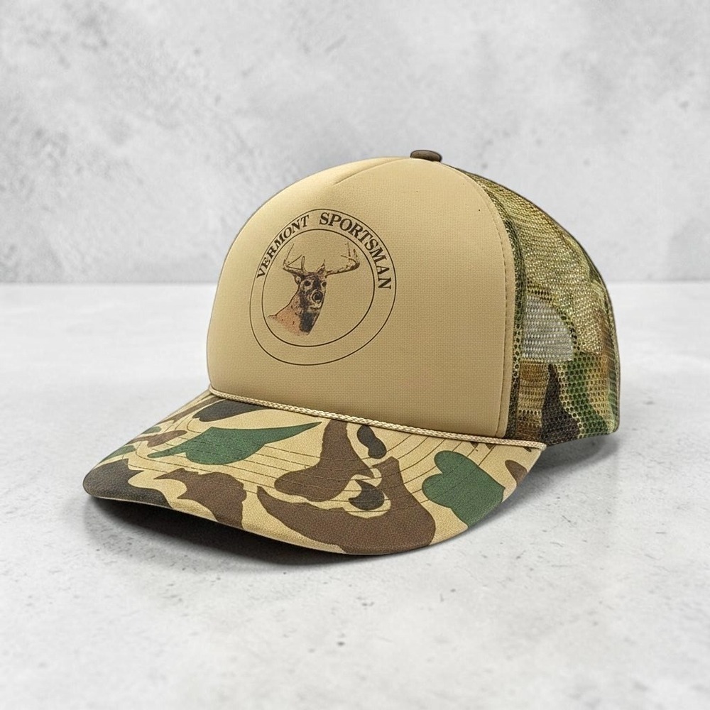 VTG G.S.C Vermont Sportsman Camo Trucker Hat Deer Hunting Snapback Cap Tan Green